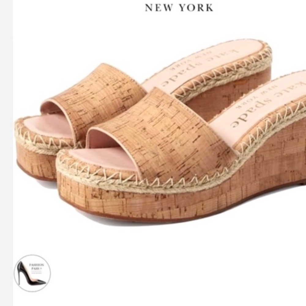 Kate Spade New York Cork Wedge Sandals Whipstitch Platform Slides Tan Pink 9B